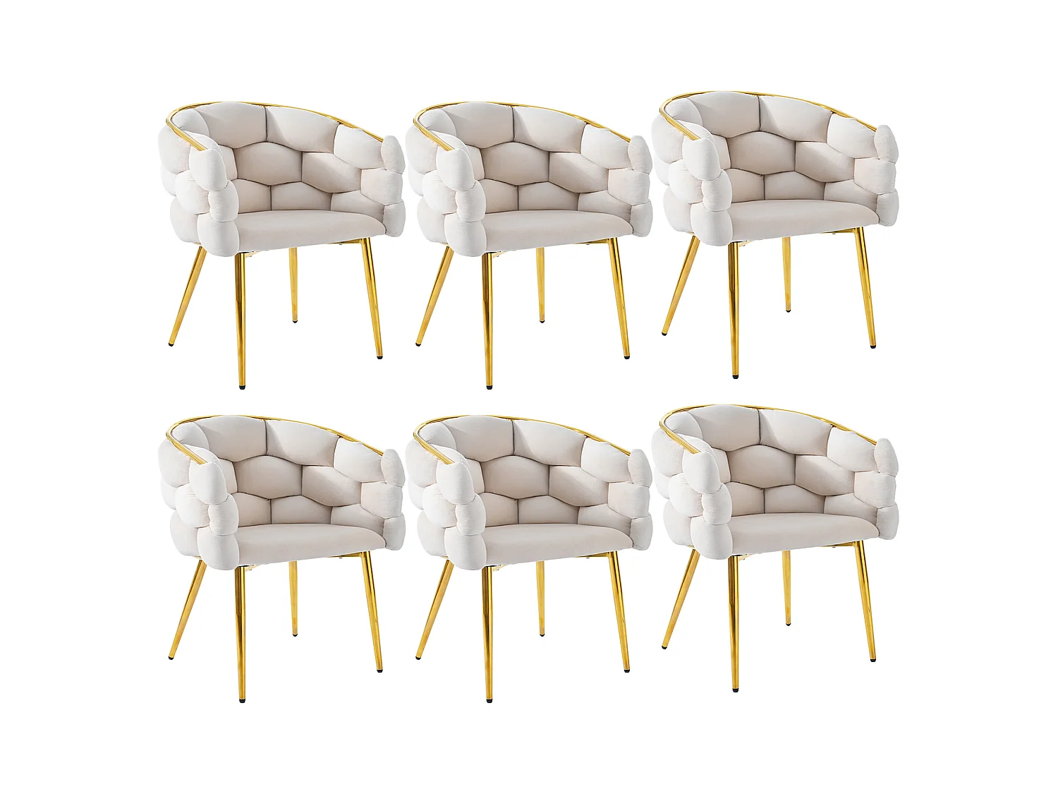 Lot de 6 chaises de salle à manger avec accoudoirs, chaises de maquillage - 62 x 46 x 74 cm - Velours et pieds en fer doré - Beige