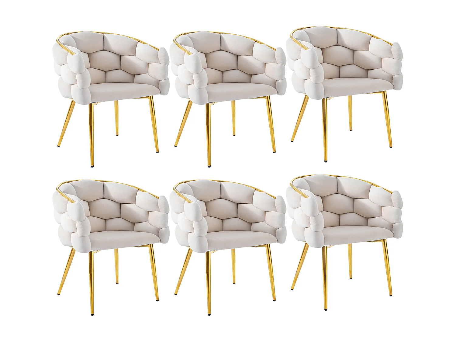 Lot de 6 chaises de salle à manger avec accoudoirs, chaises de maquillage - 62 x 46 x 74 cm - Velours et pieds en fer doré - Beige