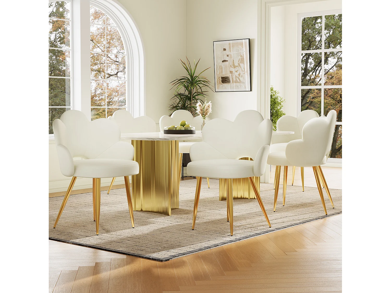 6er-Set Esszimmerstühle - 50 x 46,5 x 85 cm - Samt und verzinkte Eisenbeine in Gold - Blumenmuster - Beige