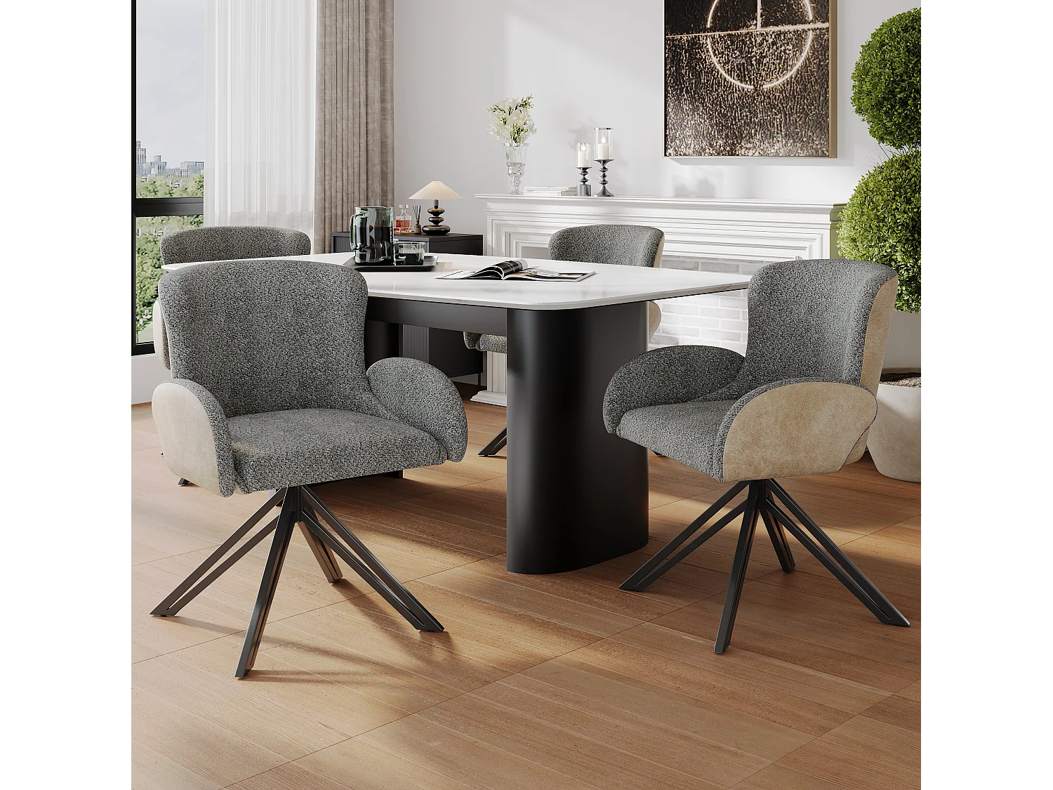 4er-Set Drehstühle für Esszimmer mit Armlehnen – 46 x 50 x 86 cm – Samt und schwarze Eisenbeine – Grau