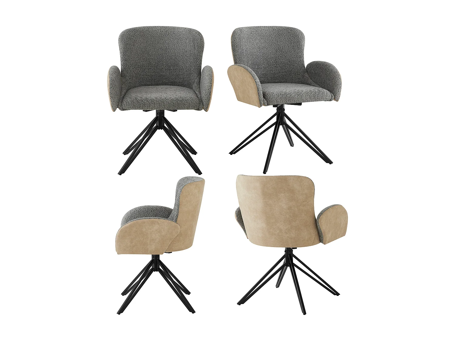 4er-Set Drehstühle für Esszimmer mit Armlehnen – 46 x 50 x 86 cm – Samt und schwarze Eisenbeine – Grau