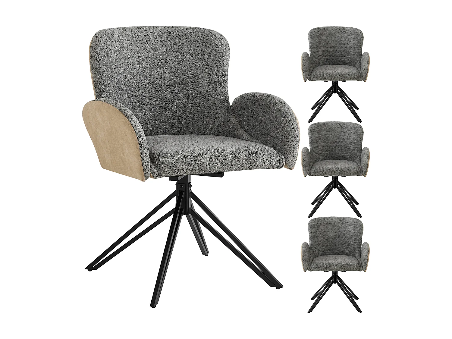 4er-Set Drehstühle für Esszimmer mit Armlehnen – 46 x 50 x 86 cm – Samt und schwarze Eisenbeine – Grau