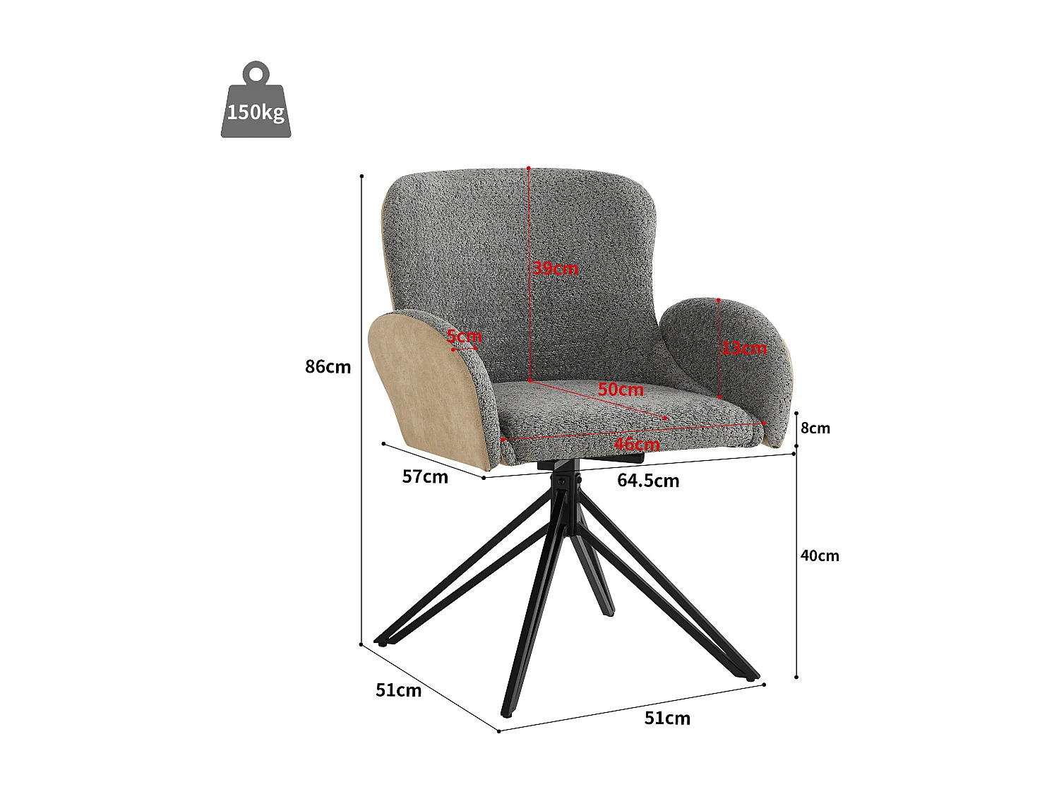 4er-Set Drehstühle für Esszimmer mit Armlehnen – 46 x 50 x 86 cm – Samt und schwarze Eisenbeine – Grau