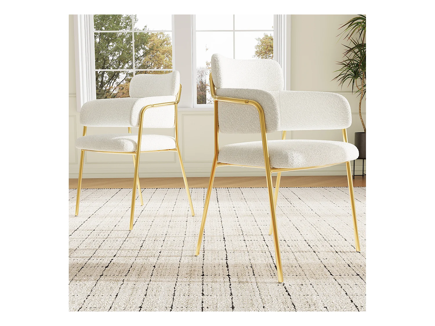 Lot de 2 chaises de salle à manger avec dossier et accoudoirs - 52 x 54 x 77 cm - Velours et pieds dorés - Beige