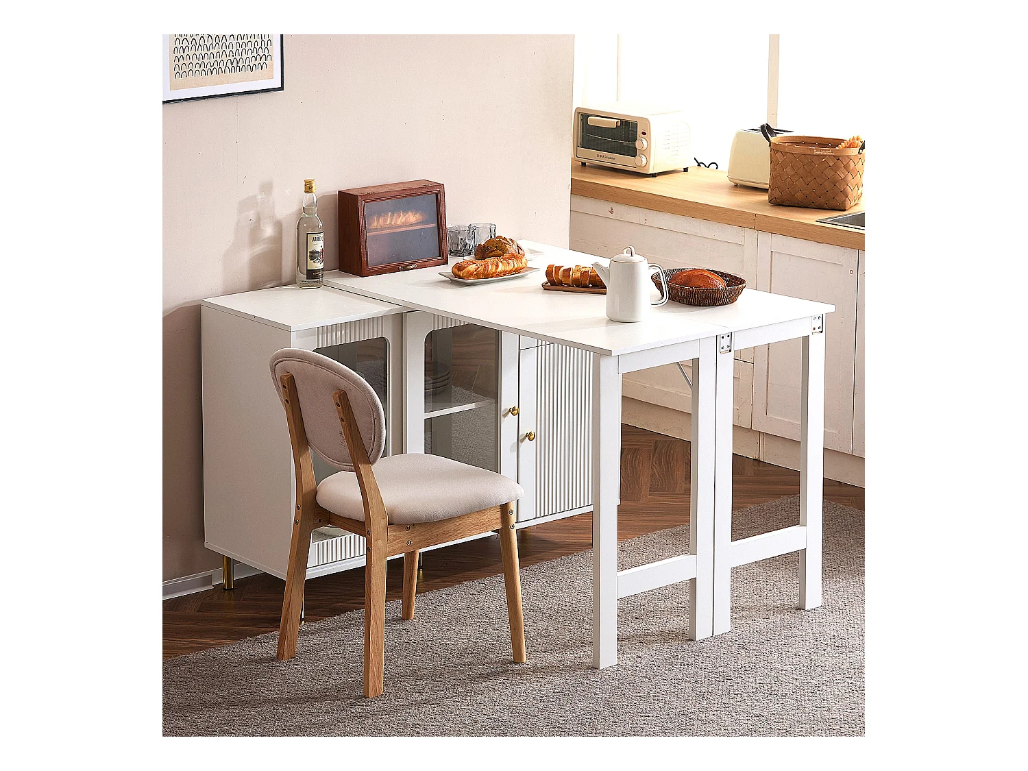 Buffet multifonctionnel avec une table à manger extensible - 3 portes et 1 tiroir - 140 x 40 x 80,5 cm - Bois MDF - Blanc