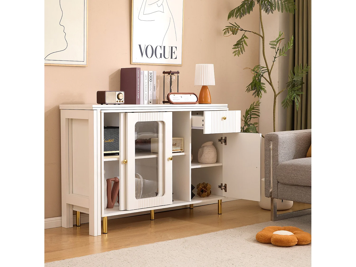 Buffet multifonctionnel avec une table à manger extensible - 3 portes et 1 tiroir - 140 x 40 x 80,5 cm - Bois MDF - Blanc