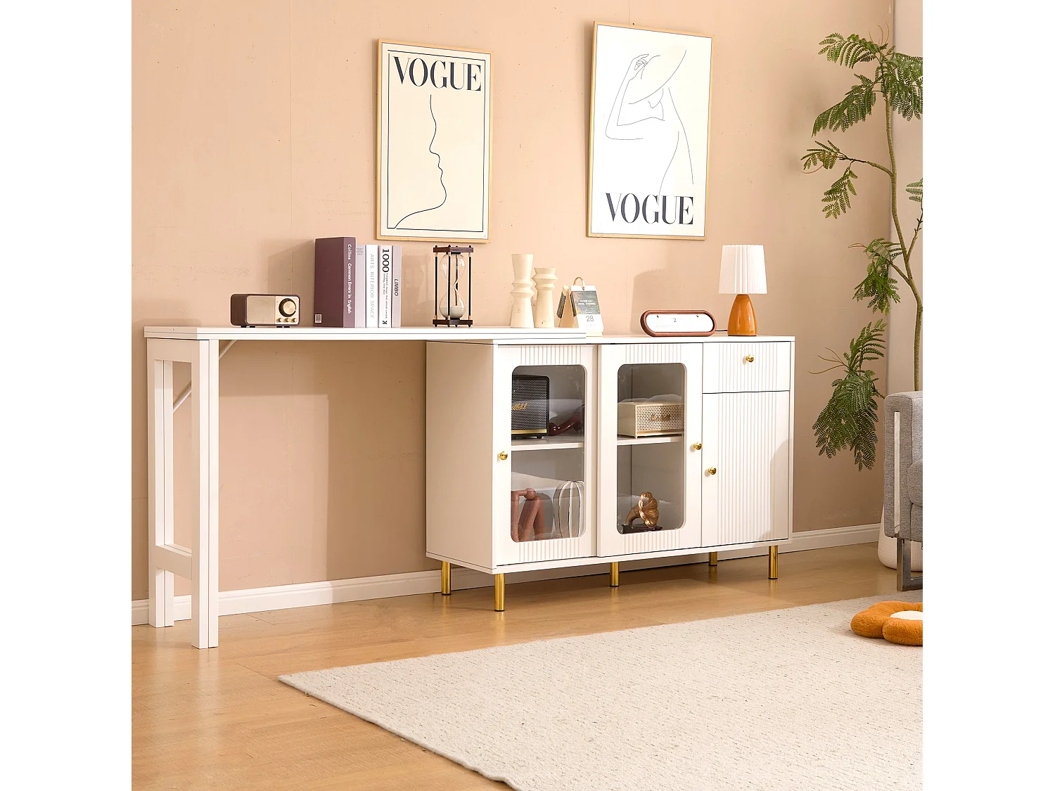 Buffet multifonctionnel avec une table à manger extensible - 3 portes et 1 tiroir - 140 x 40 x 80,5 cm - Bois MDF - Blanc