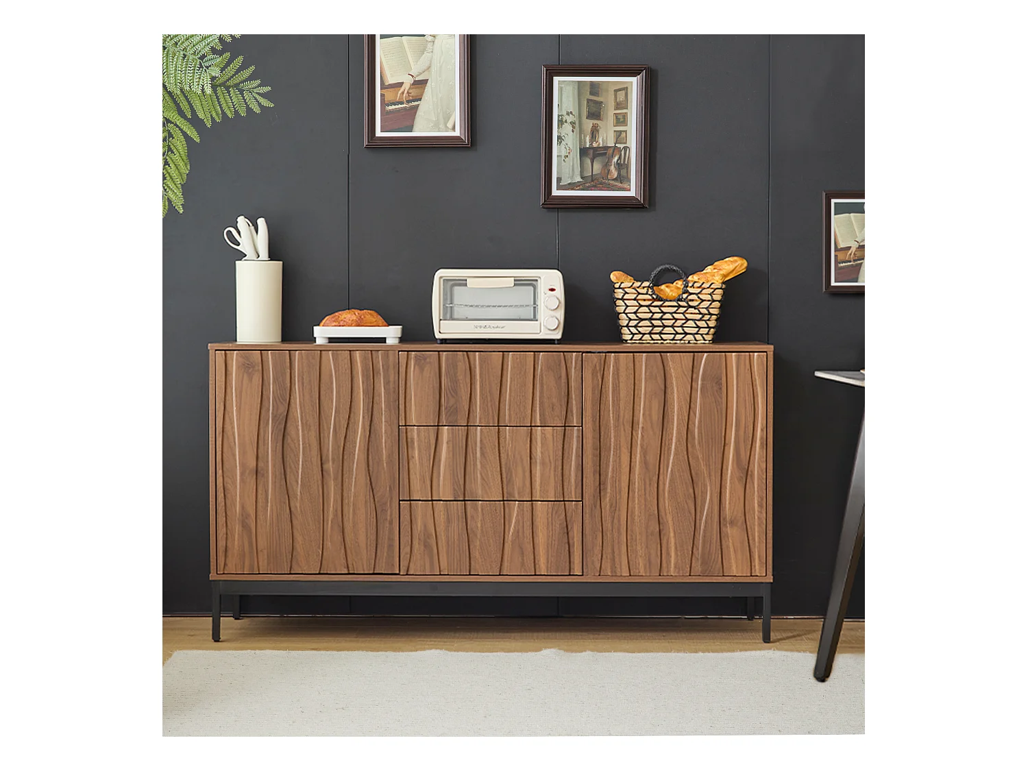 Buffet avec 3 tiroirs et 2 portes - 150 x 40 x 80 cm - Bois MDF - Effet chêne grainé foncé - Marron
