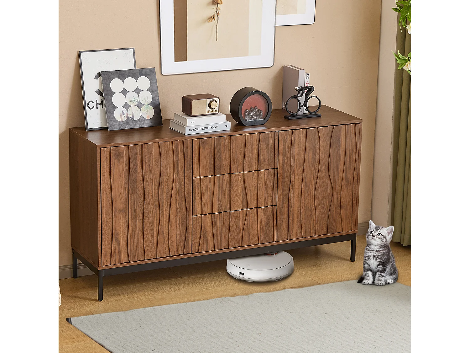 Buffet avec 3 tiroirs et 2 portes - 150 x 40 x 80 cm - Bois MDF - Effet chêne grainé foncé - Marron