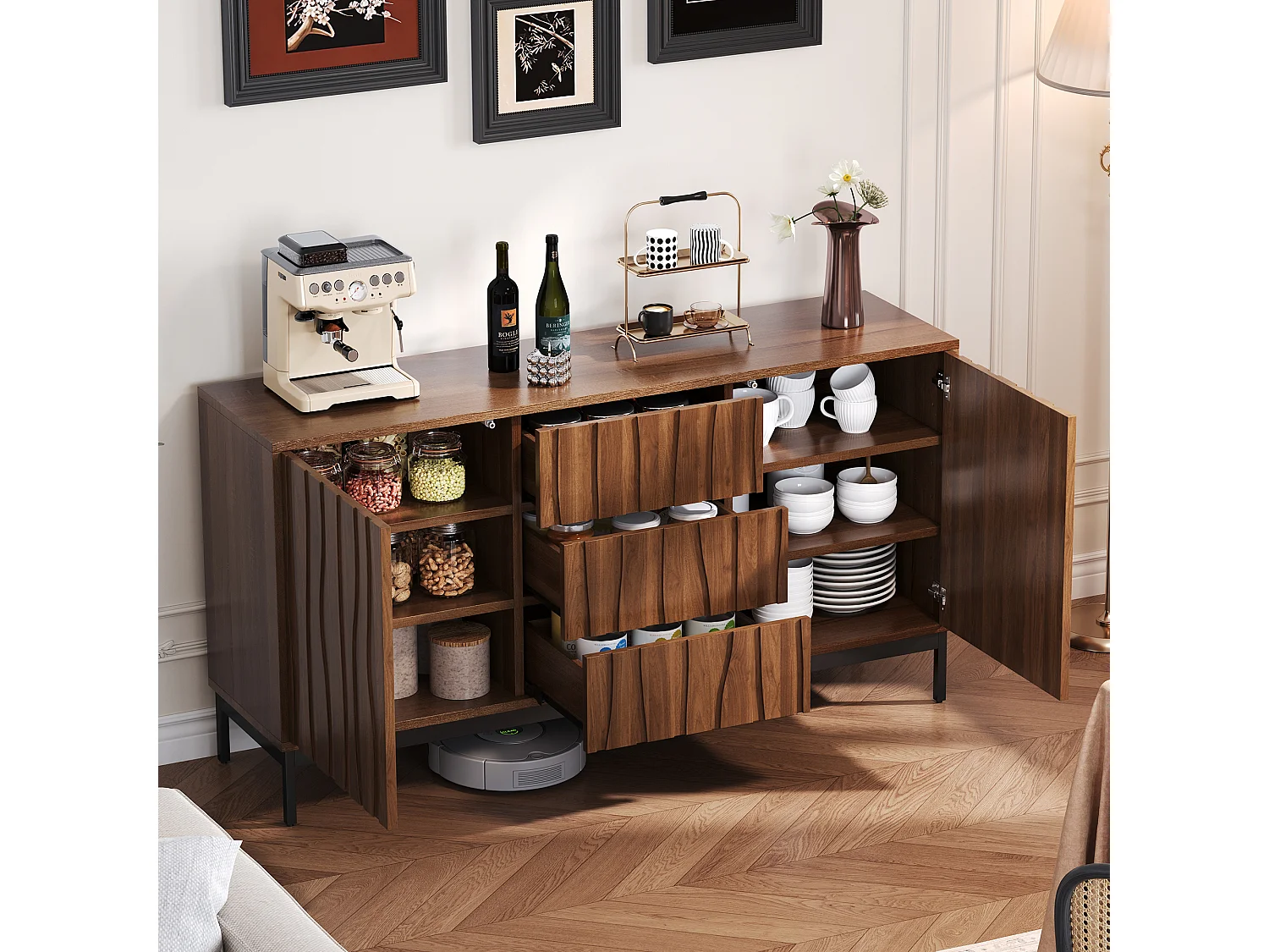 Sideboard mit 3 Schubladen und 2 Türen - 150 x 40 x 80 cm - MDF-Holz - Dunkel gemaserter Eicheneffekt - Braun
