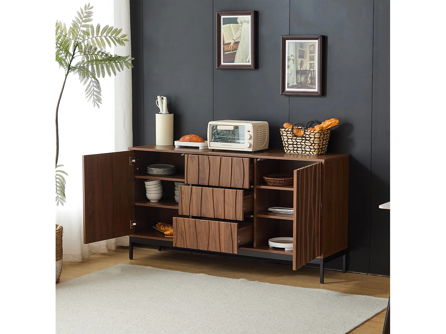 Sideboard mit 3 Schubladen und 2 Türen - 150 x 40 x 80 cm - MDF-Holz - Dunkel gemaserter Eicheneffekt - Braun