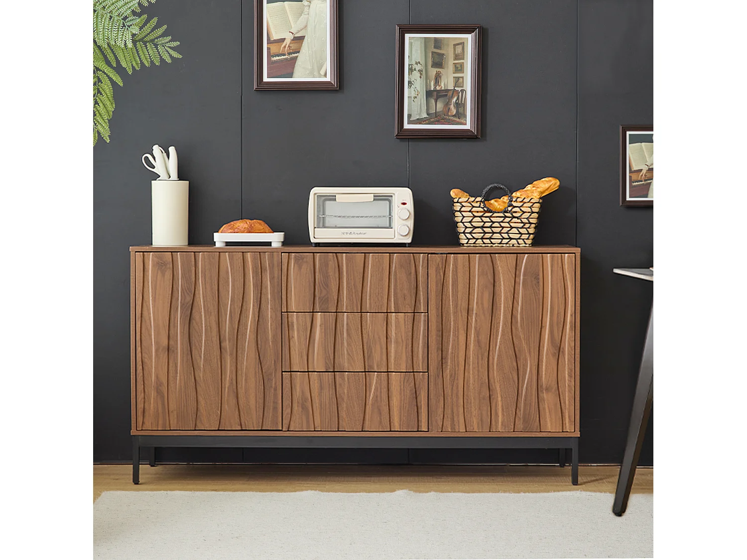 Sideboard mit 3 Schubladen und 2 Türen - 150 x 40 x 80 cm - MDF-Holz - Dunkel gemaserter Eicheneffekt - Braun