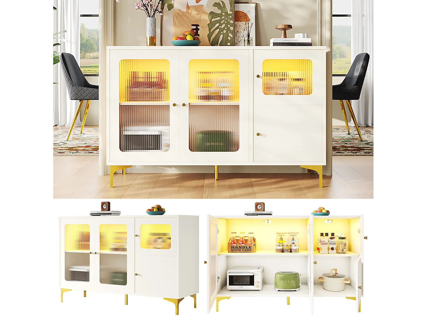 Dressoir met 4 deuren - 140 x 40 x 90 cm - LED's - MDF-hout en Changhong-glas - voor eetkamer of woonkamer - Wit