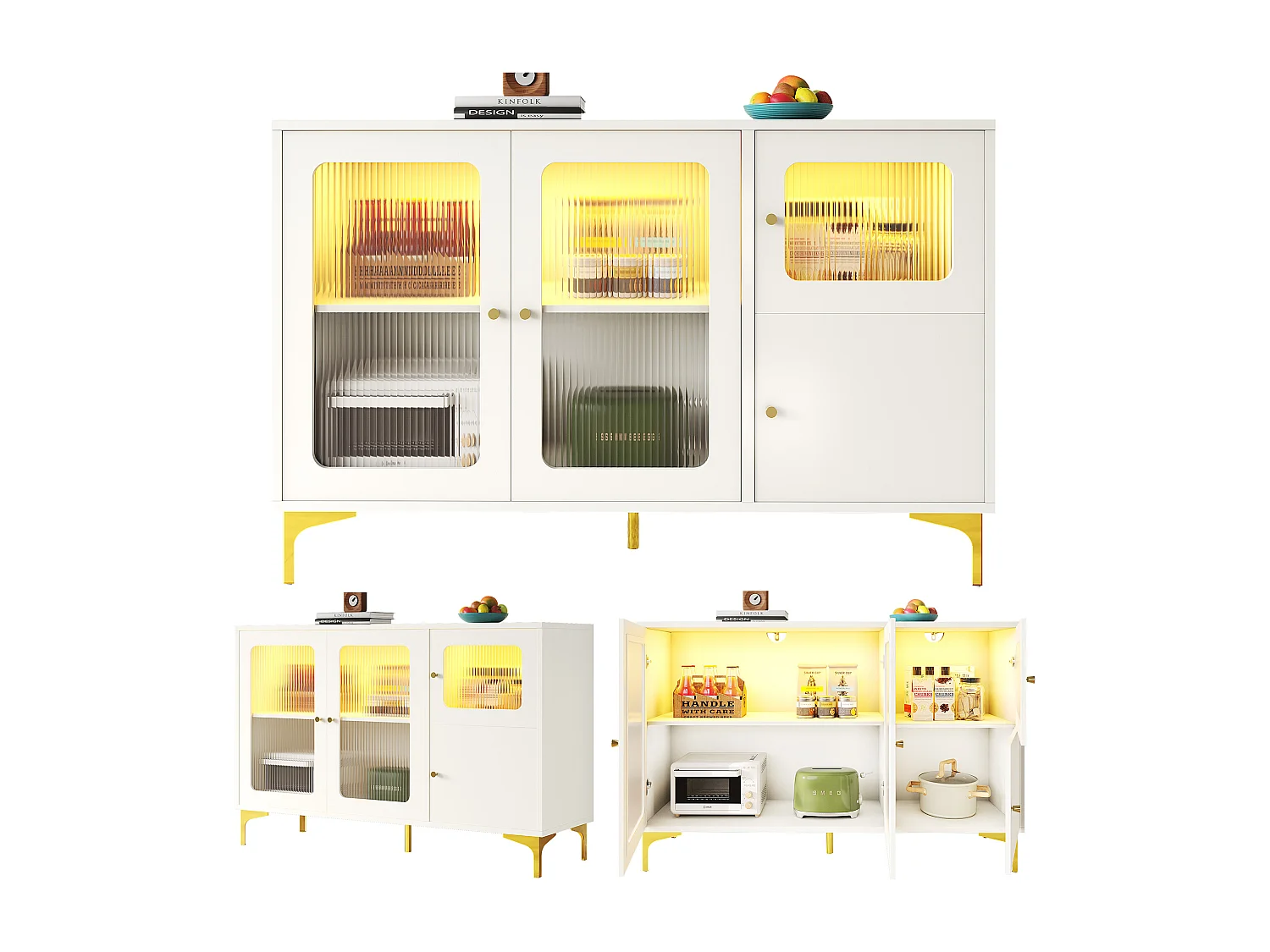 Dressoir met 4 deuren - 140 x 40 x 90 cm - LED's - MDF-hout en Changhong-glas - voor eetkamer of woonkamer - Wit