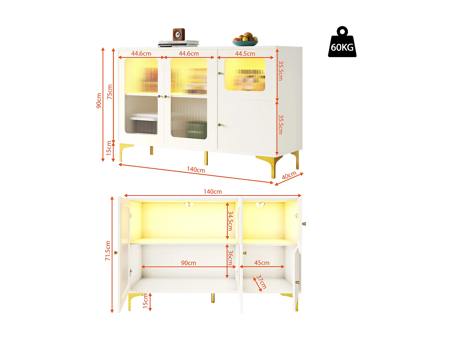 Dressoir met 4 deuren - 140 x 40 x 90 cm - LED's - MDF-hout en Changhong-glas - voor eetkamer of woonkamer - Wit