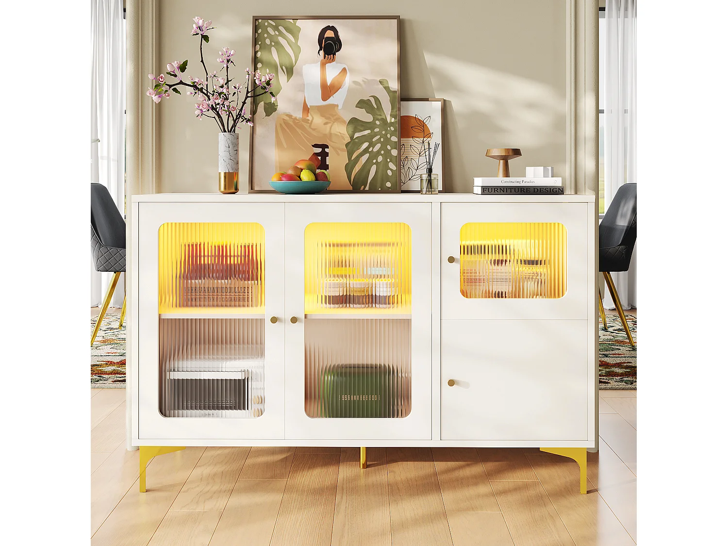 Dressoir met 4 deuren - 140 x 40 x 90 cm - LED's - MDF-hout en Changhong-glas - voor eetkamer of woonkamer - Wit