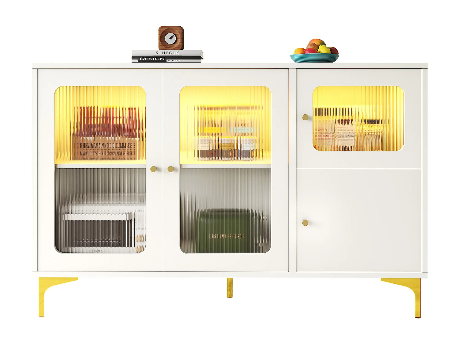 Dressoir met 4 deuren - 140 x 40 x 90 cm - LED's - MDF-hout en Changhong-glas - voor eetkamer of woonkamer - Wit