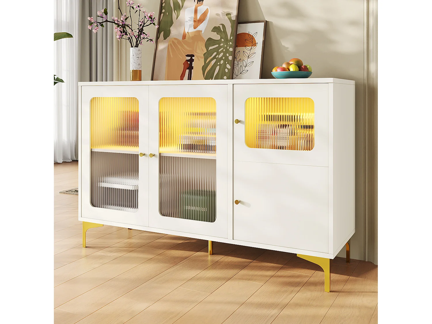 Dressoir met 4 deuren - 140 x 40 x 90 cm - LED's - MDF-hout en Changhong-glas - voor eetkamer of woonkamer - Wit