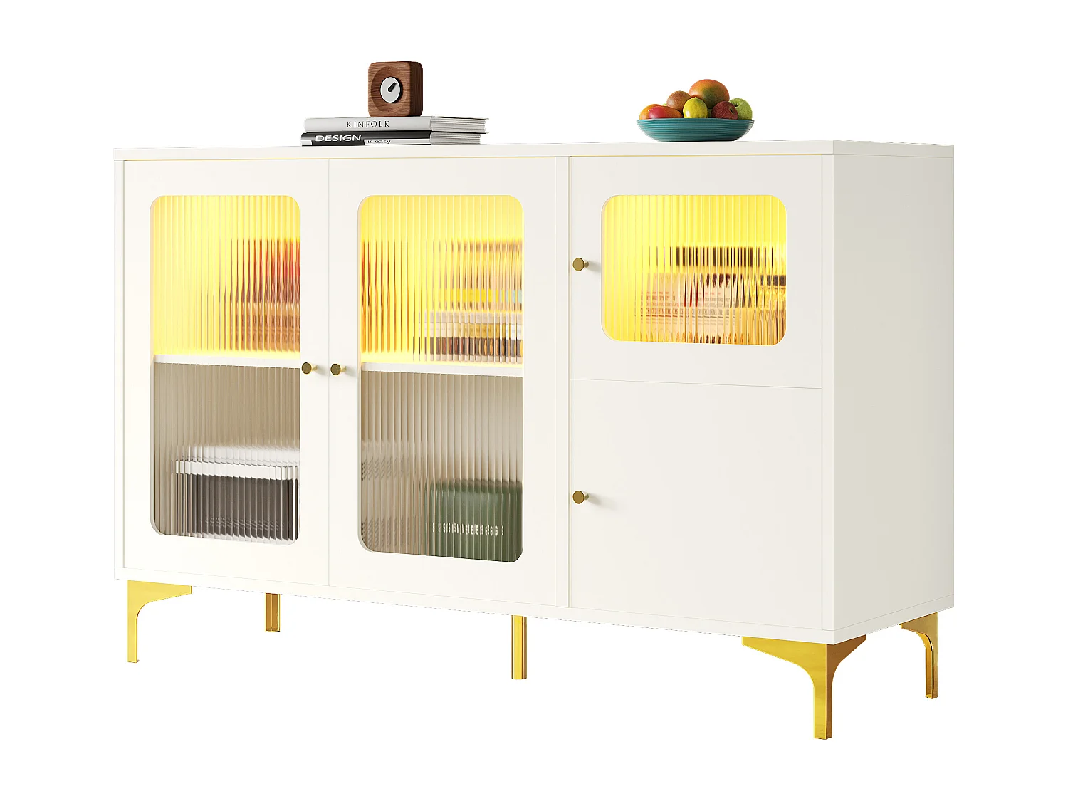 Dressoir met 4 deuren - 140 x 40 x 90 cm - LED's - MDF-hout en Changhong-glas - voor eetkamer of woonkamer - Wit