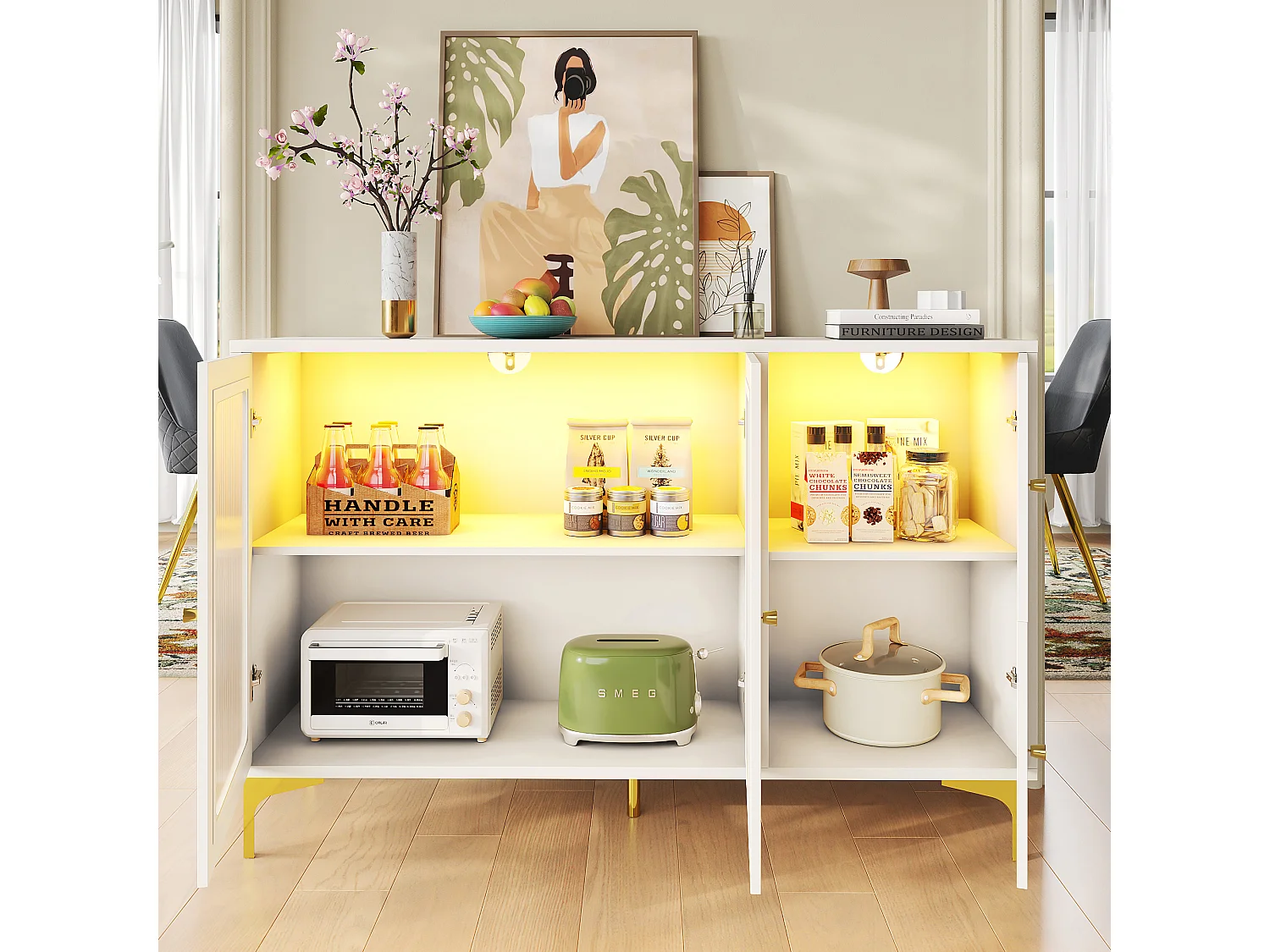 Dressoir met 4 deuren - 140 x 40 x 90 cm - LED's - MDF-hout en Changhong-glas - voor eetkamer of woonkamer - Wit