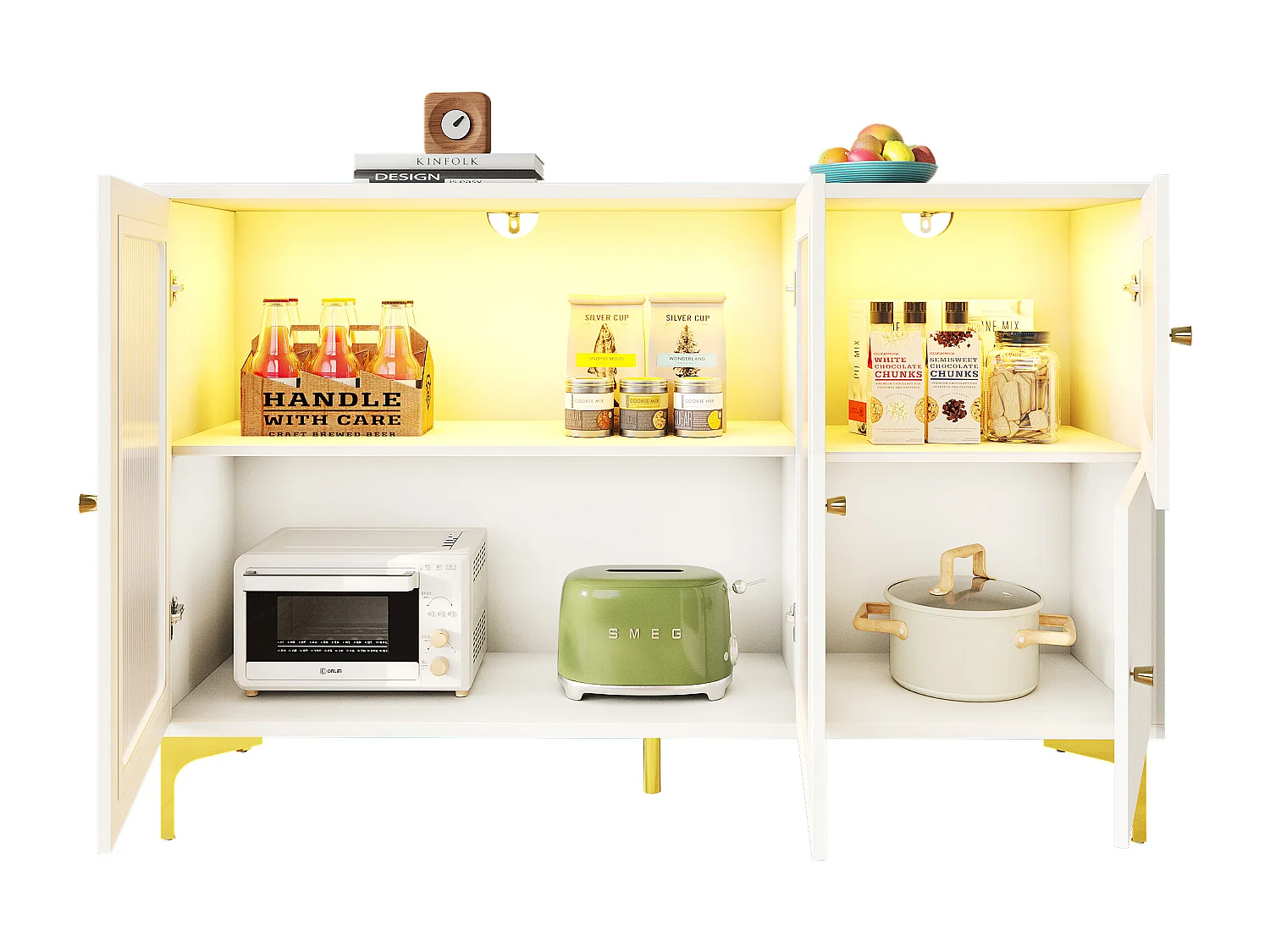 Dressoir met 4 deuren - 140 x 40 x 90 cm - LED's - MDF-hout en Changhong-glas - voor eetkamer of woonkamer - Wit