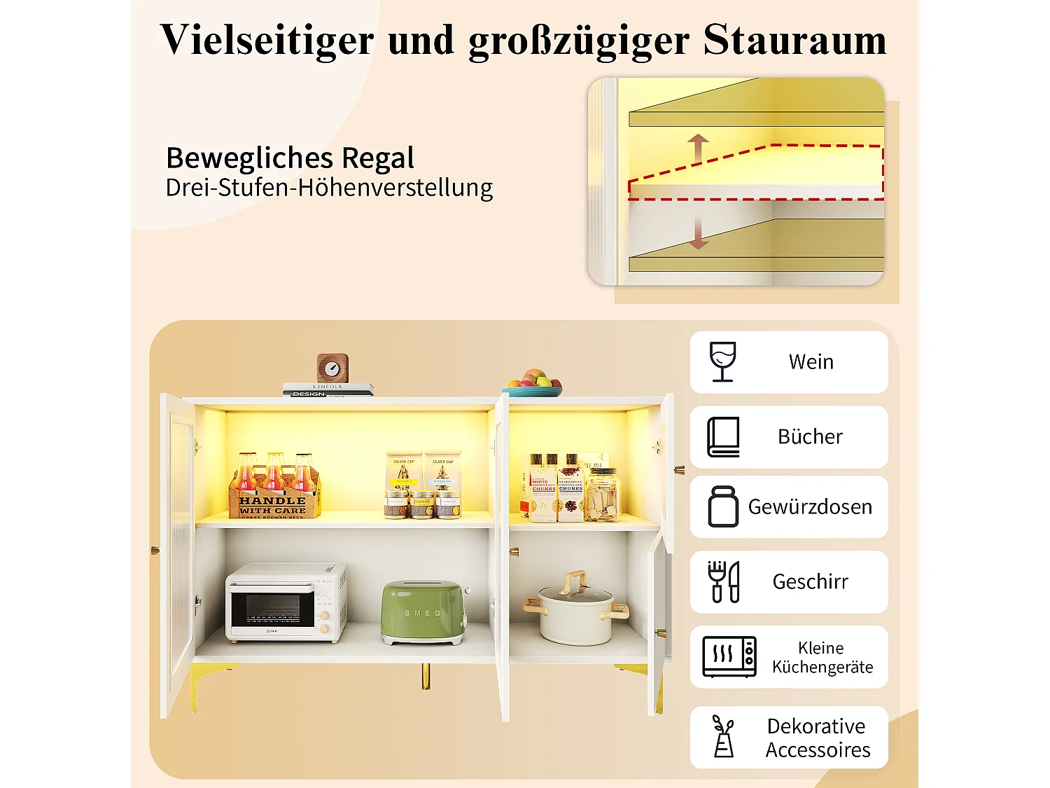 Dressoir met 4 deuren - 140 x 40 x 90 cm - LED's - MDF-hout en Changhong-glas - voor eetkamer of woonkamer - Wit