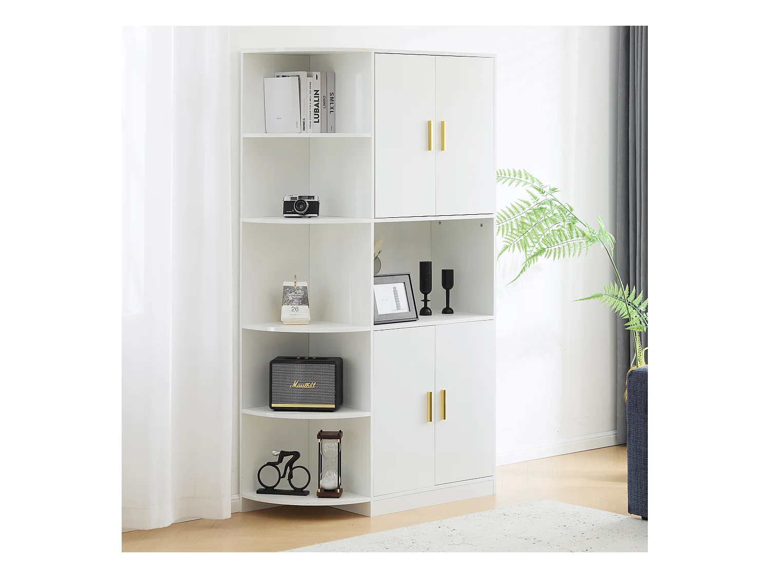 Buffet haut avec 4 portes et 5 étagères d'angle ouvertes - 100 x 40 x 180 cm - Bois MDF - Blanc