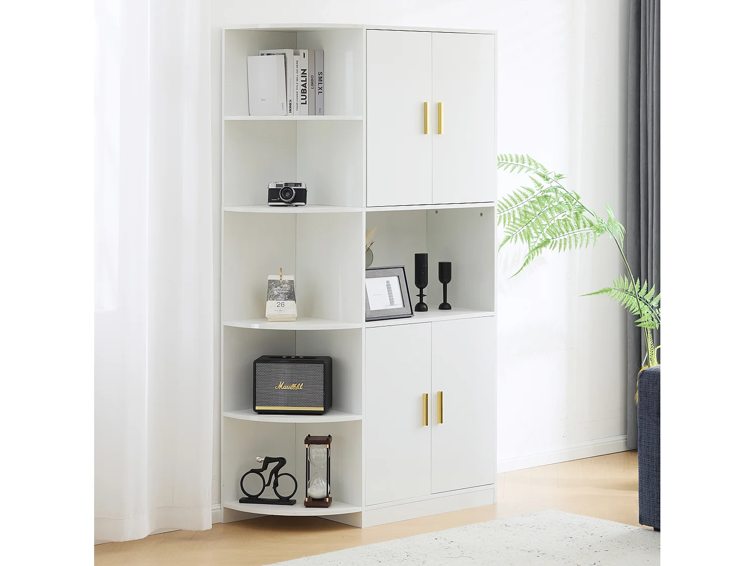 Buffet haut avec 4 portes et 5 étagères d'angle ouvertes - 100 x 40 x 180 cm - Bois MDF - Blanc