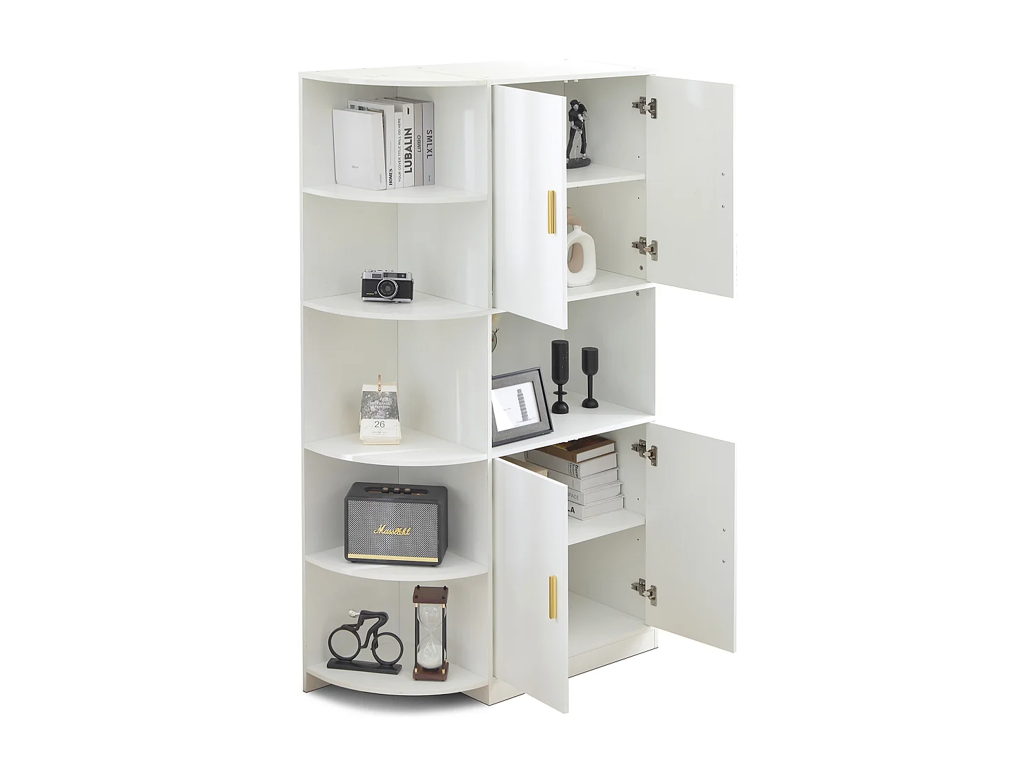 Buffet haut avec 4 portes et 5 étagères d'angle ouvertes - 100 x 40 x 180 cm - Bois MDF - Blanc