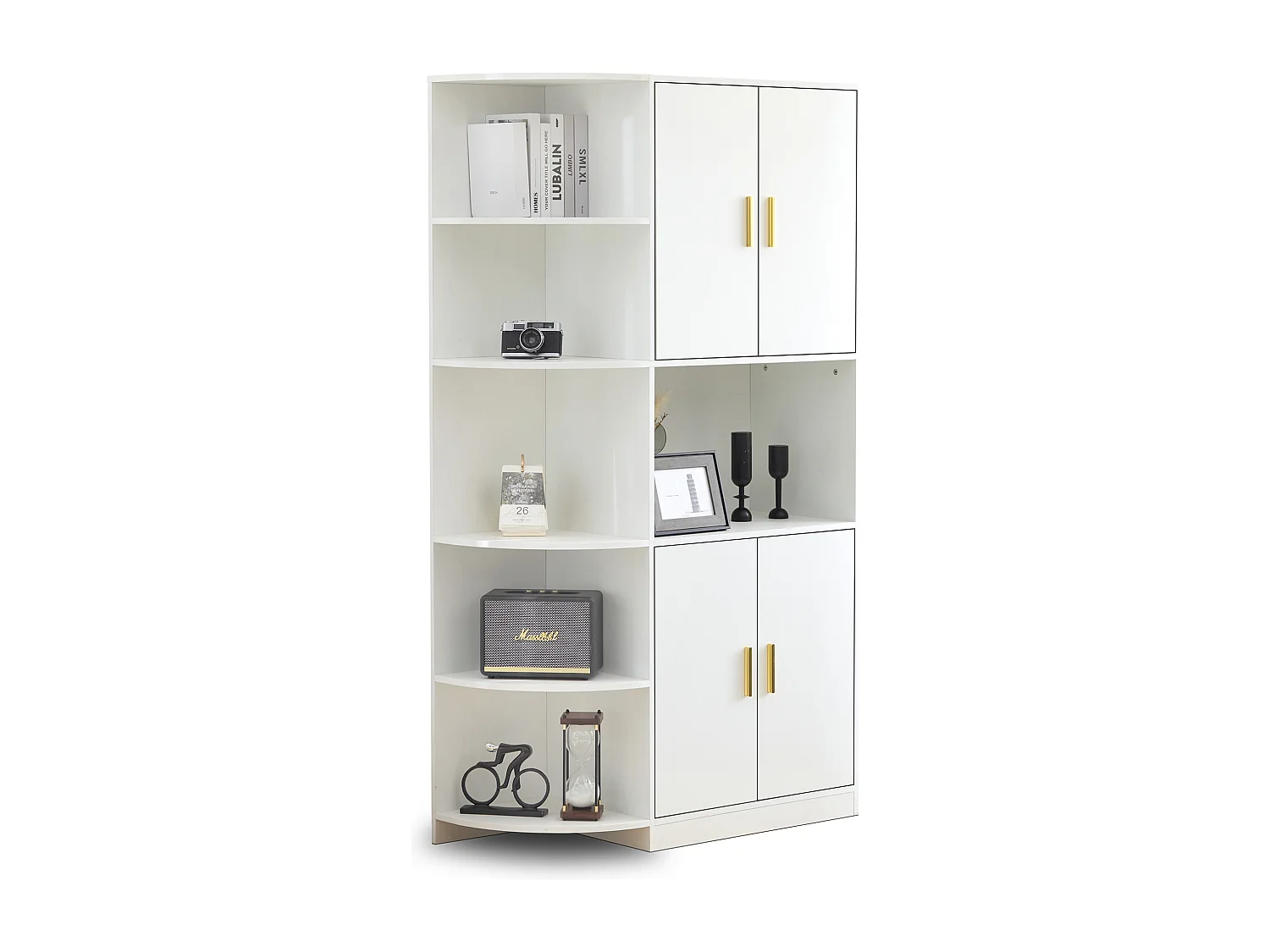 Buffet haut avec 4 portes et 5 étagères d'angle ouvertes - 100 x 40 x 180 cm - Bois MDF - Blanc