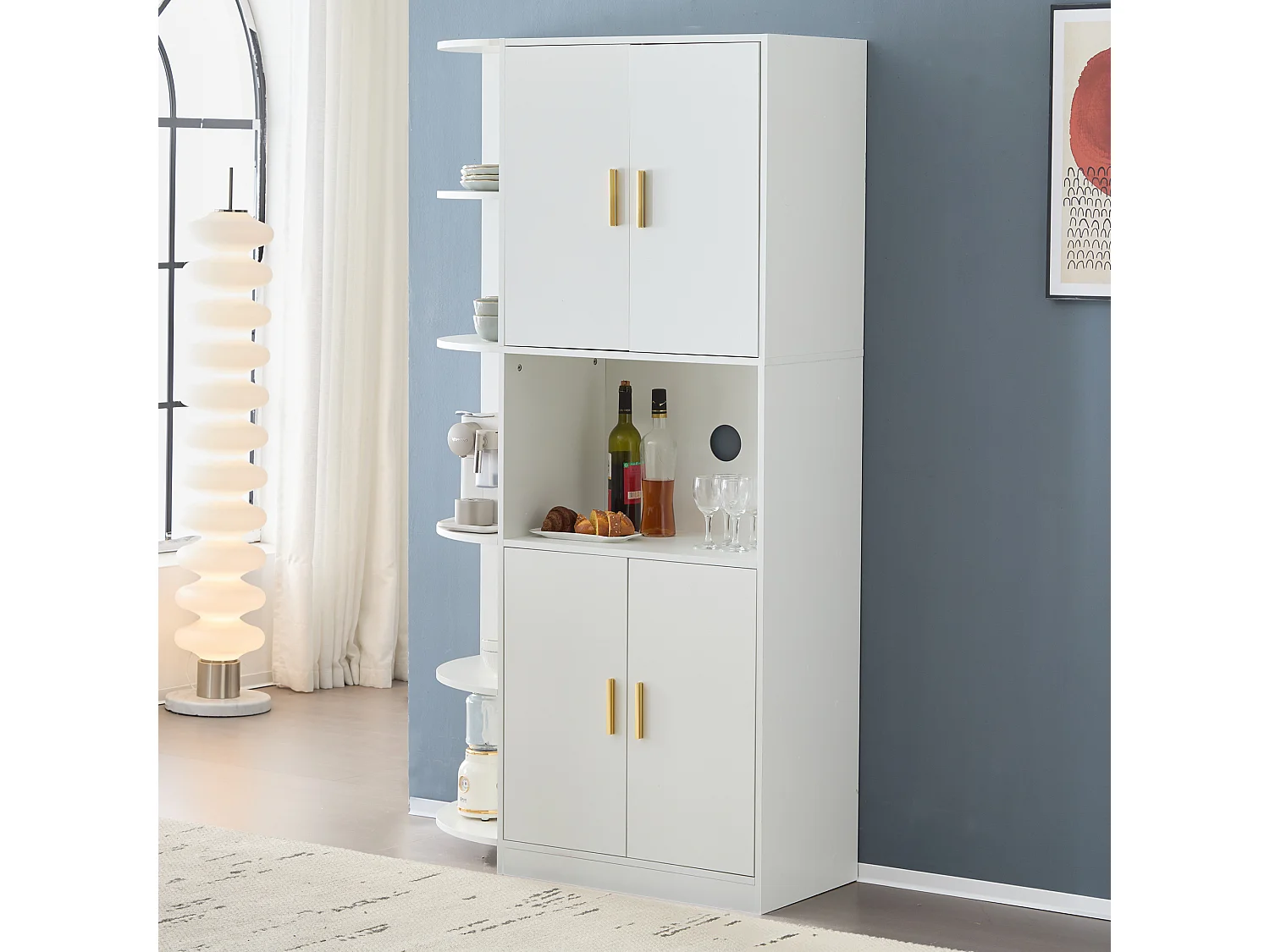 Buffet haut avec 4 portes et 5 étagères d'angle ouvertes - 100 x 40 x 180 cm - Bois MDF - Blanc
