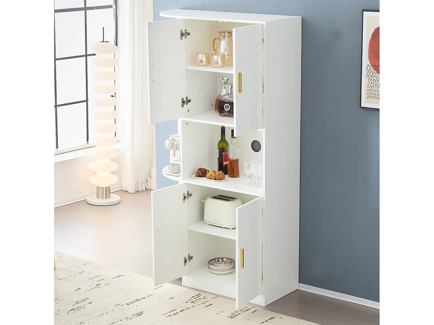 Buffet haut avec 4 portes et 5 étagères d'angle ouvertes - 100 x 40 x 180 cm - Bois MDF - Blanc