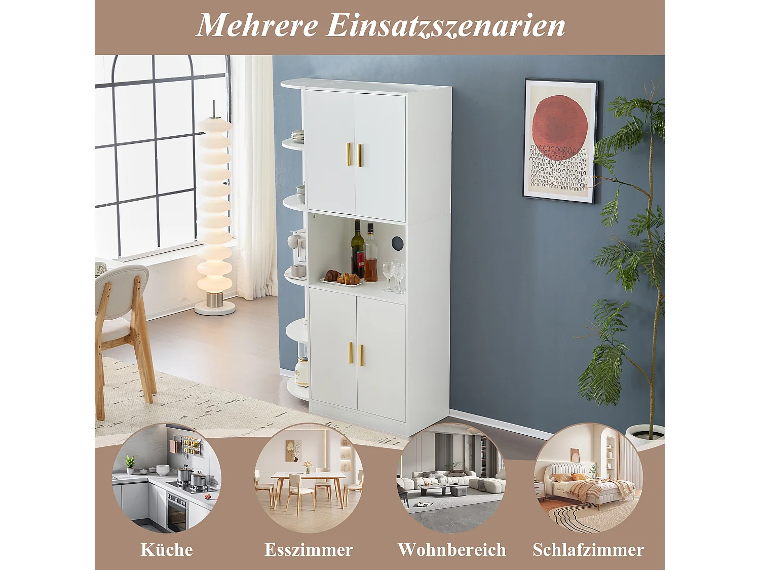 Buffet haut avec 4 portes et 5 étagères d'angle ouvertes - 100 x 40 x 180 cm - Bois MDF - Blanc