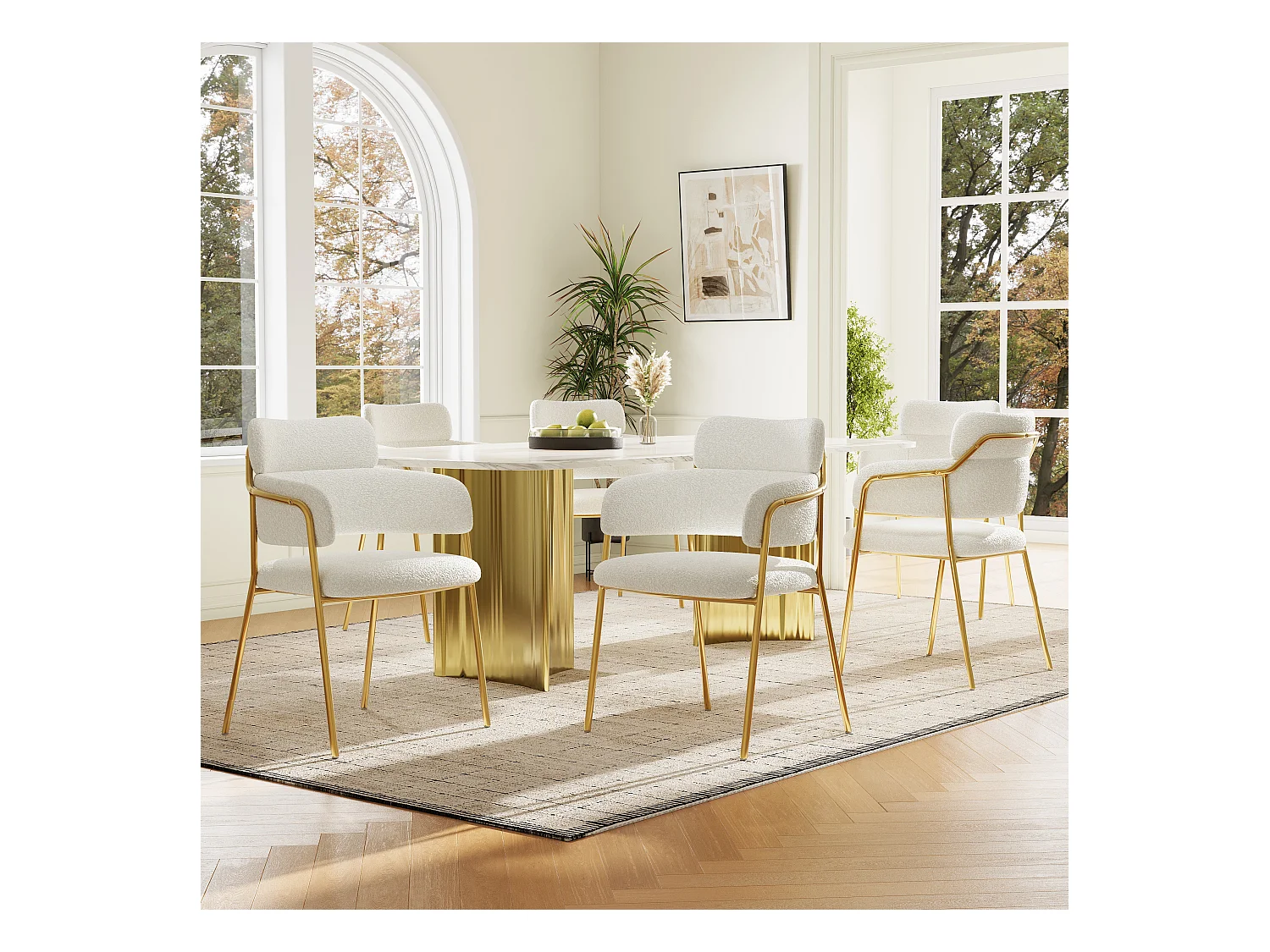 Lot de 6 chaises de salle à manger avec dossier et accoudoirs - 52 x 54 x 77 cm - Velours et pieds dorés - Beige