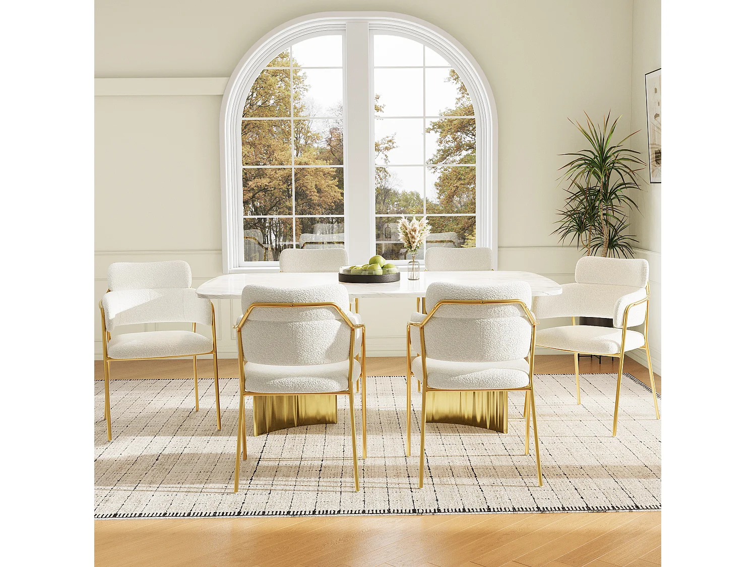 Conjunto de 6 sillas de comedor con respaldo y reposabrazos - 52 x 54 x 77 cm - Patas de terciopelo y oro - Beige
