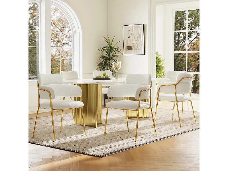Set van 6 eetkamerstoelen met rugleuning en armleuningen - 52 x 54 x 77 cm - Fluweel en gouden poten - Beige