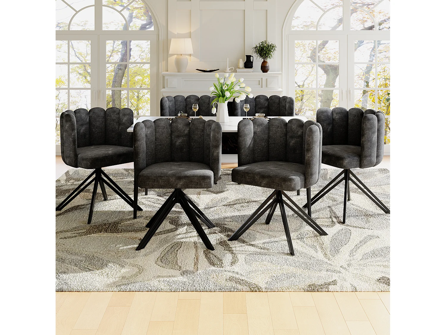 Conjunto de 6 cadeiras de jantar giratórias com encosto em forma de pétala - 51 x 58,5 x 76,5 cm - Veludo e pernas de metal - Cinza