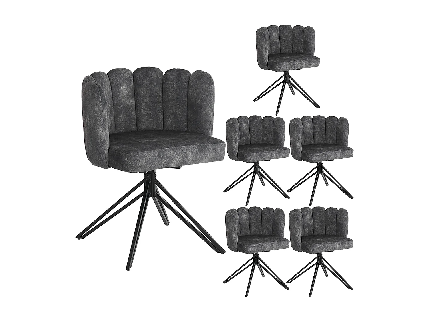 Conjunto de 6 cadeiras de jantar giratórias com encosto em forma de pétala - 51 x 58,5 x 76,5 cm - Veludo e pernas de metal - Cinza