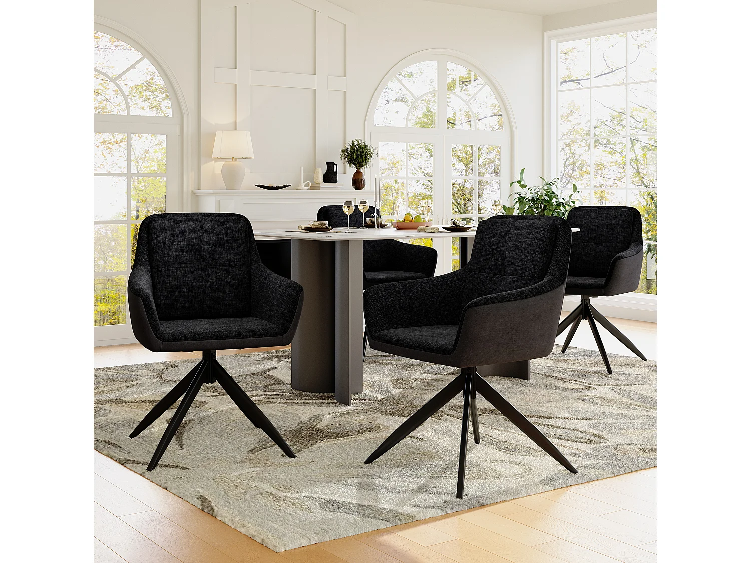 Set van 4 draaibare eetkamerstoelen met rugleuning en armleuningen - 60 x 61 x 81,5 cm - Fluweel - Zwart