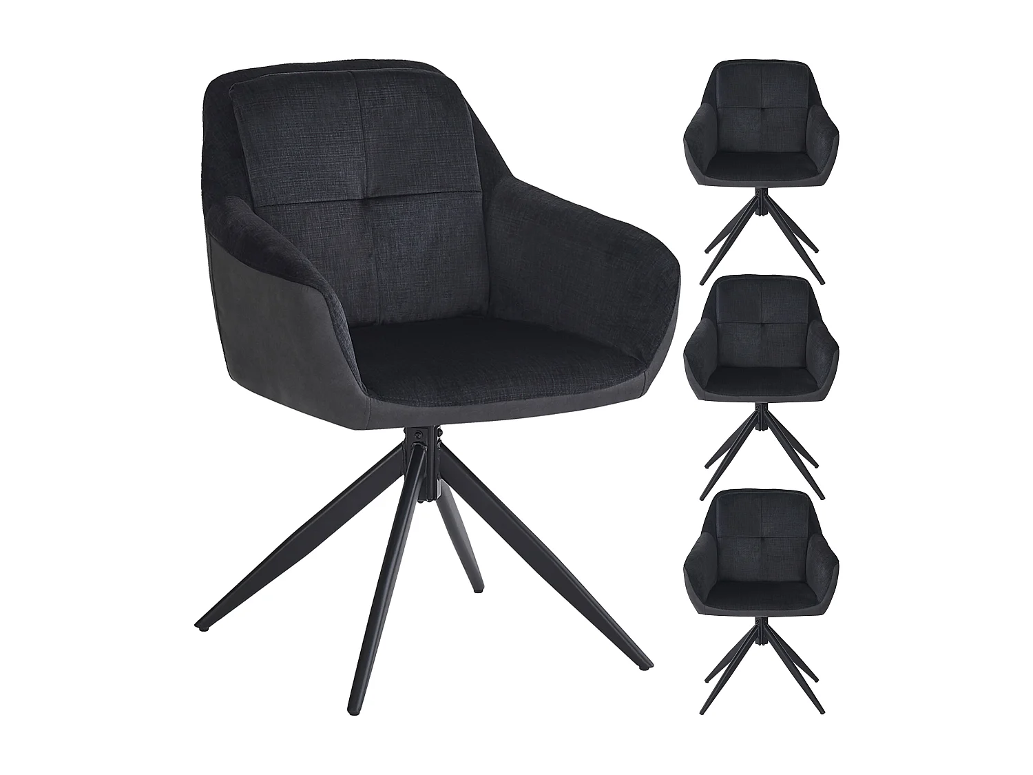 Set van 4 draaibare eetkamerstoelen met rugleuning en armleuningen - 60 x 61 x 81,5 cm - Fluweel - Zwart
