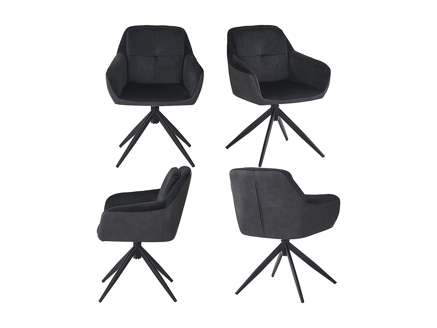 Set van 4 draaibare eetkamerstoelen met rugleuning en armleuningen - 60 x 61 x 81,5 cm - Fluweel - Zwart