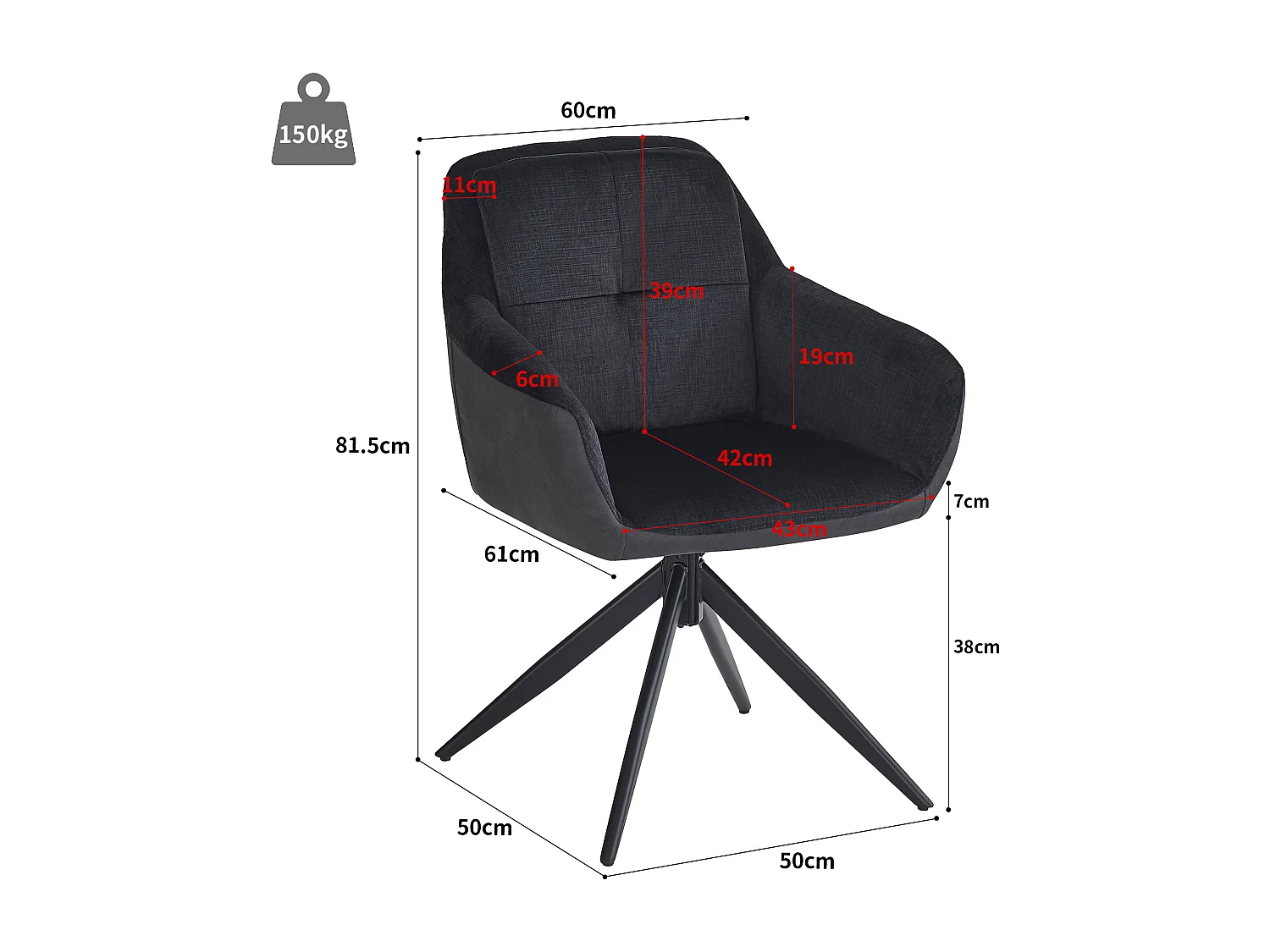 Set van 4 draaibare eetkamerstoelen met rugleuning en armleuningen - 60 x 61 x 81,5 cm - Fluweel - Zwart