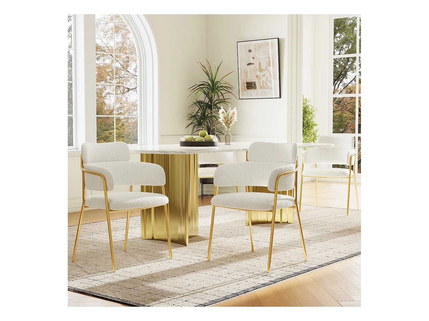 Lot de 4 chaises de salle à manger avec dossier et accoudoirs - 52 x 54 x 77 cm - Velours et pieds dorés - Beige