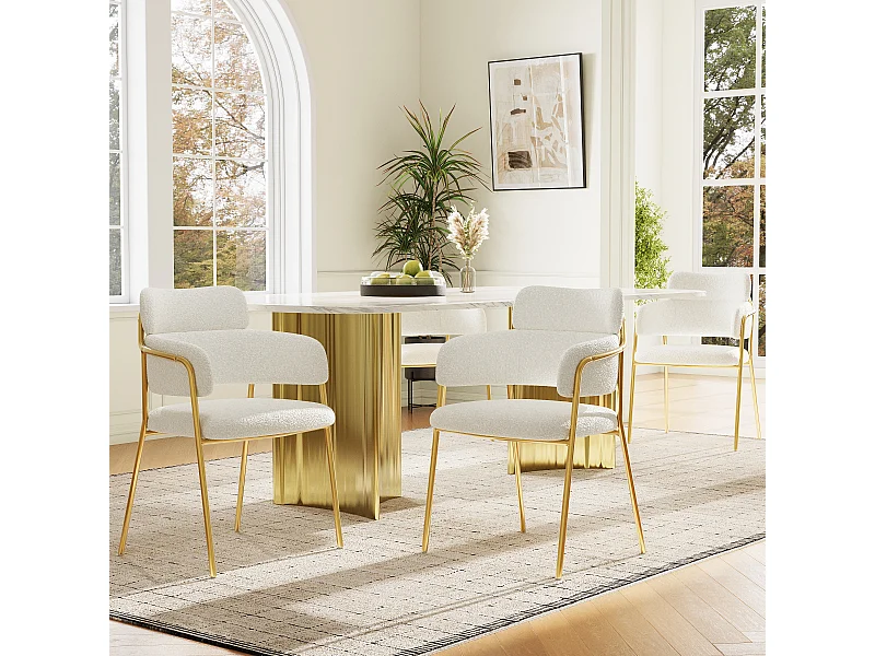 Set van 4 eetkamerstoelen met rugleuning en armleuningen - 52 x 54 x 77 cm - Fluweel en gouden poten - Beige
