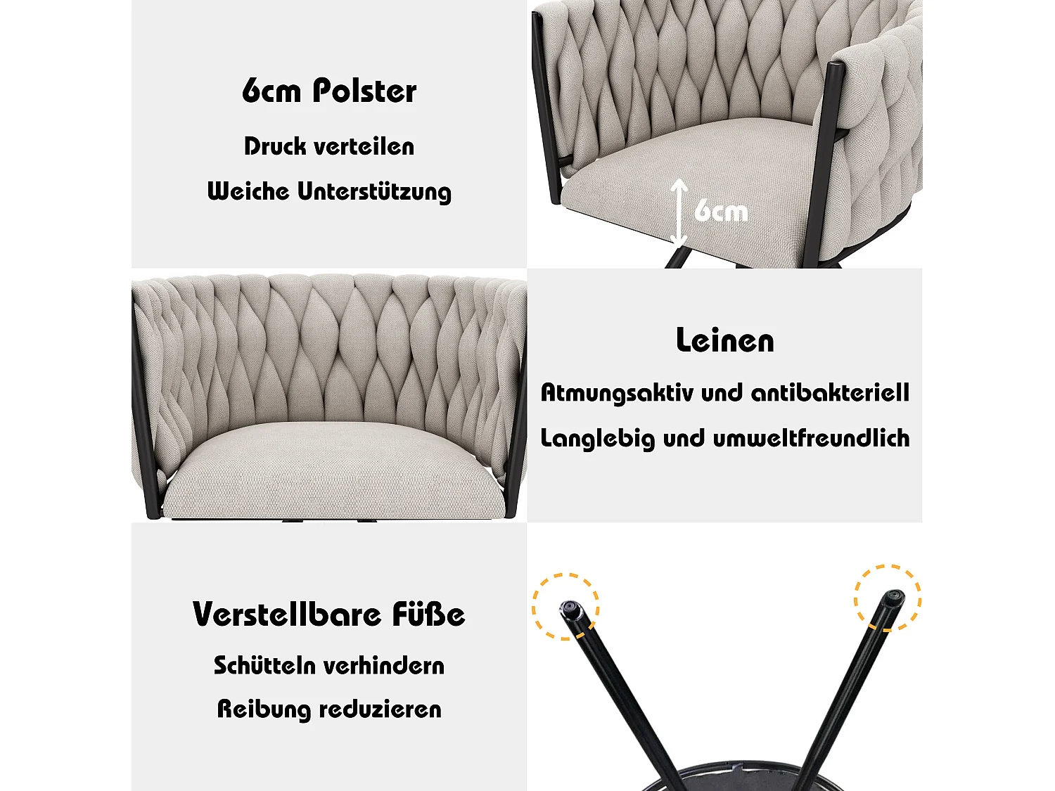 2er-Set Drehbare Esszimmerstühle mit Armlehnen - 59 x 54 x 72 cm - Leinenstoff - Beige + Schwarz