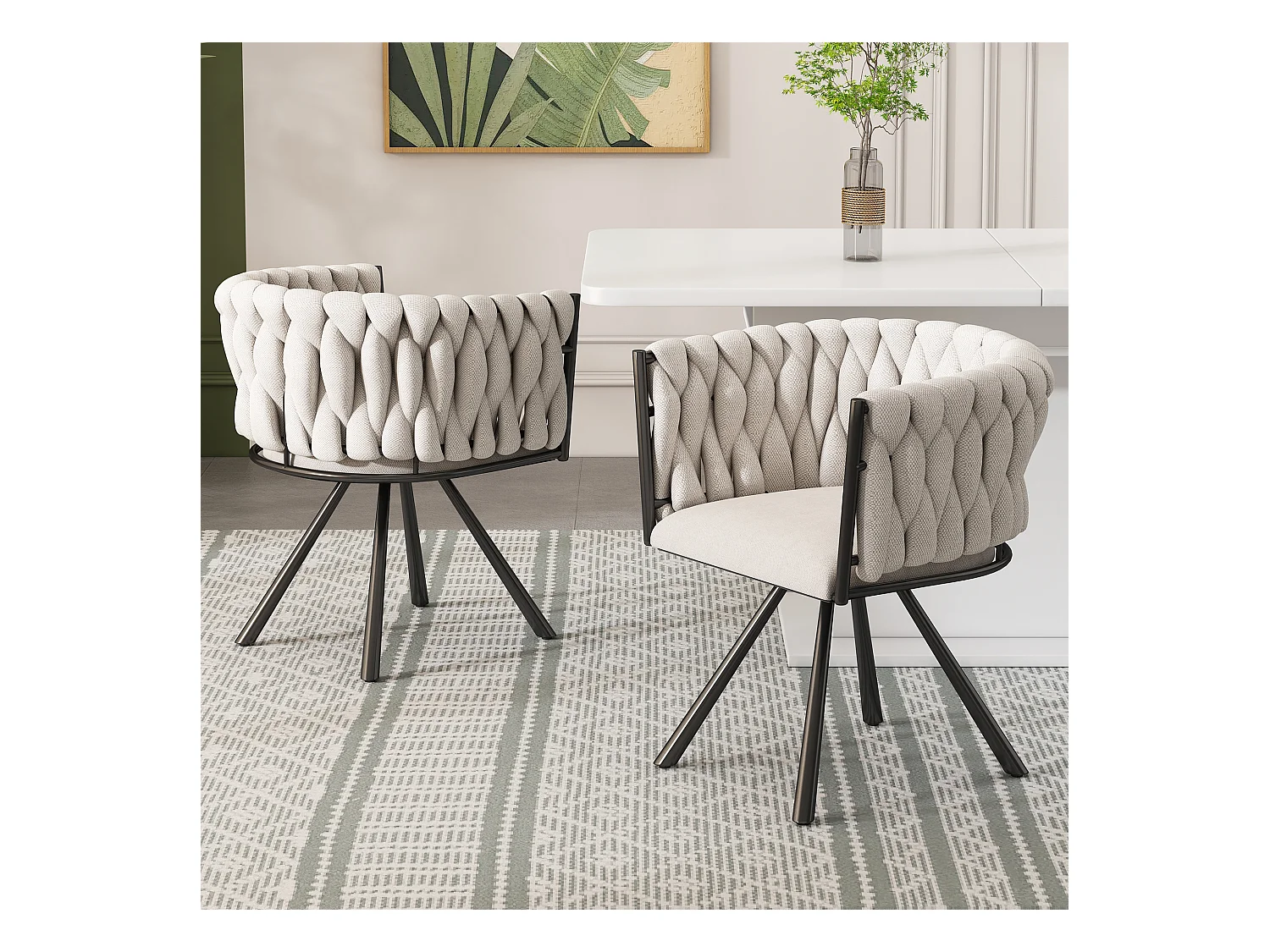 Set van 2 draaibare eetkamerstoelen met armleuningen - 59 x 54 x 72 cm - Linnen stof - Beige + Zwart