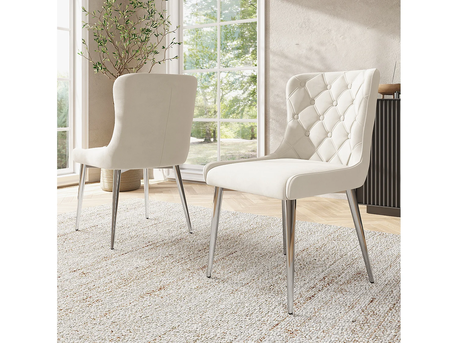 Lot de 2 chaises de salle à manger sans accoudoirs - 50 x 63 x 86 cm - Velours et pieds en fer argenté - Blanc