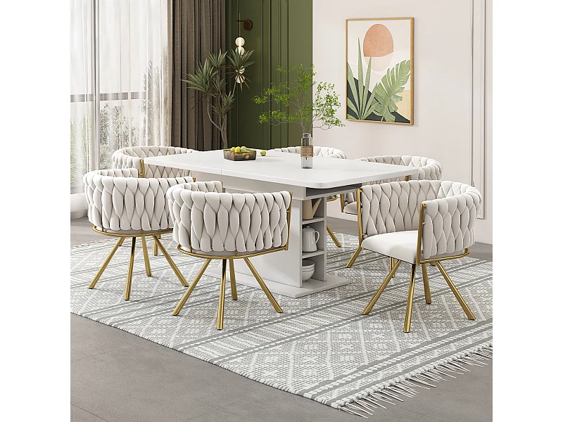 Lot de 6 chaises de salle à manger pivotantes avec accoudoirs - 59 x 54 x 72 cm - Velours - Beige + or