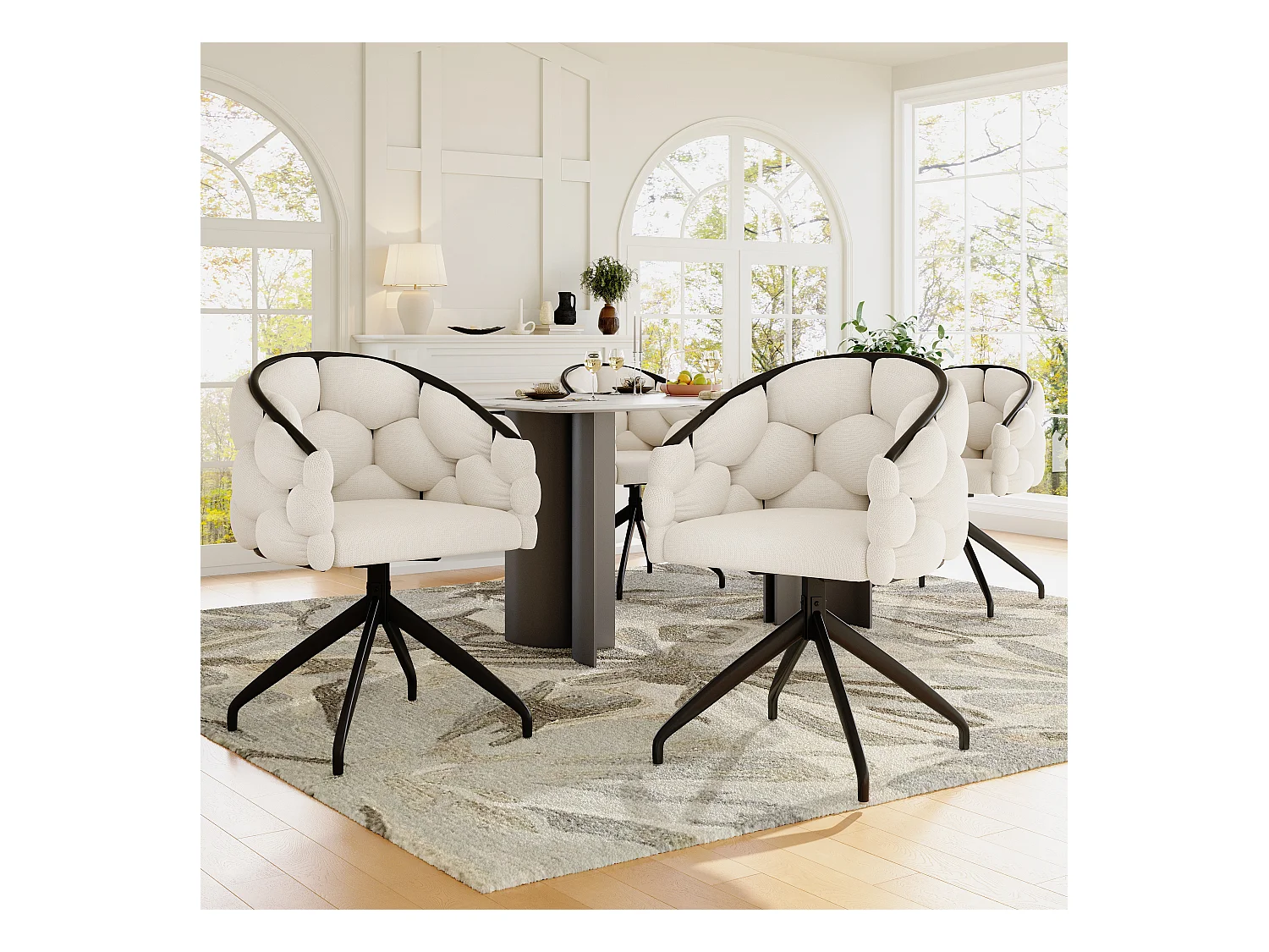 Lot de 4 chaises de salle à manger pivotantes - 61 x 59 x 77.5 cm - Velours et pieds en fer - Beige + noir
