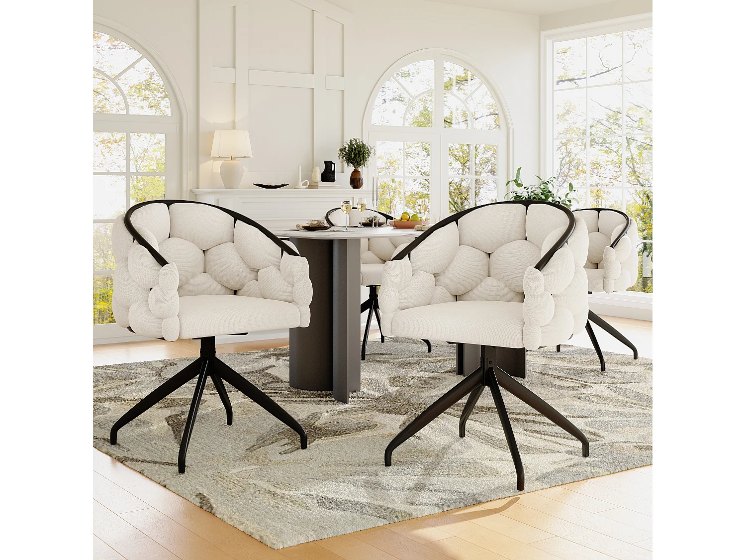 Lot de 4 chaises de salle à manger pivotantes - 61 x 59 x 77.5 cm - Velours et pieds en fer - Beige + noir